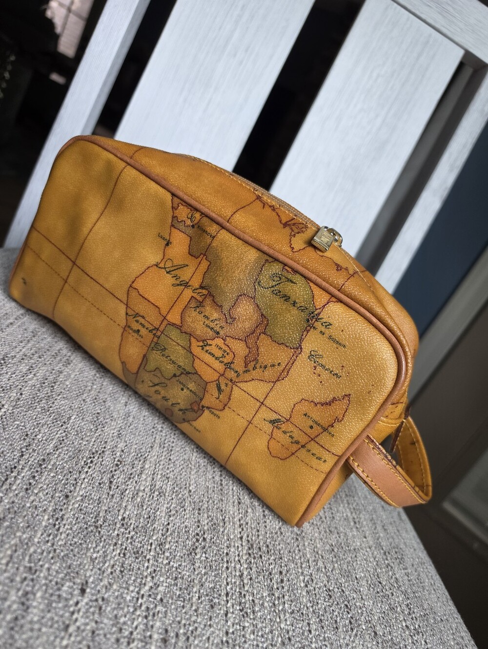Authentic Alviero Martini Leather Toiletry Bag - Map Print